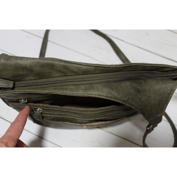 MultiSac Crossbody Purse Green Faux Leather Adjustable Strap Pockets Zippers - Picture 6 of 16